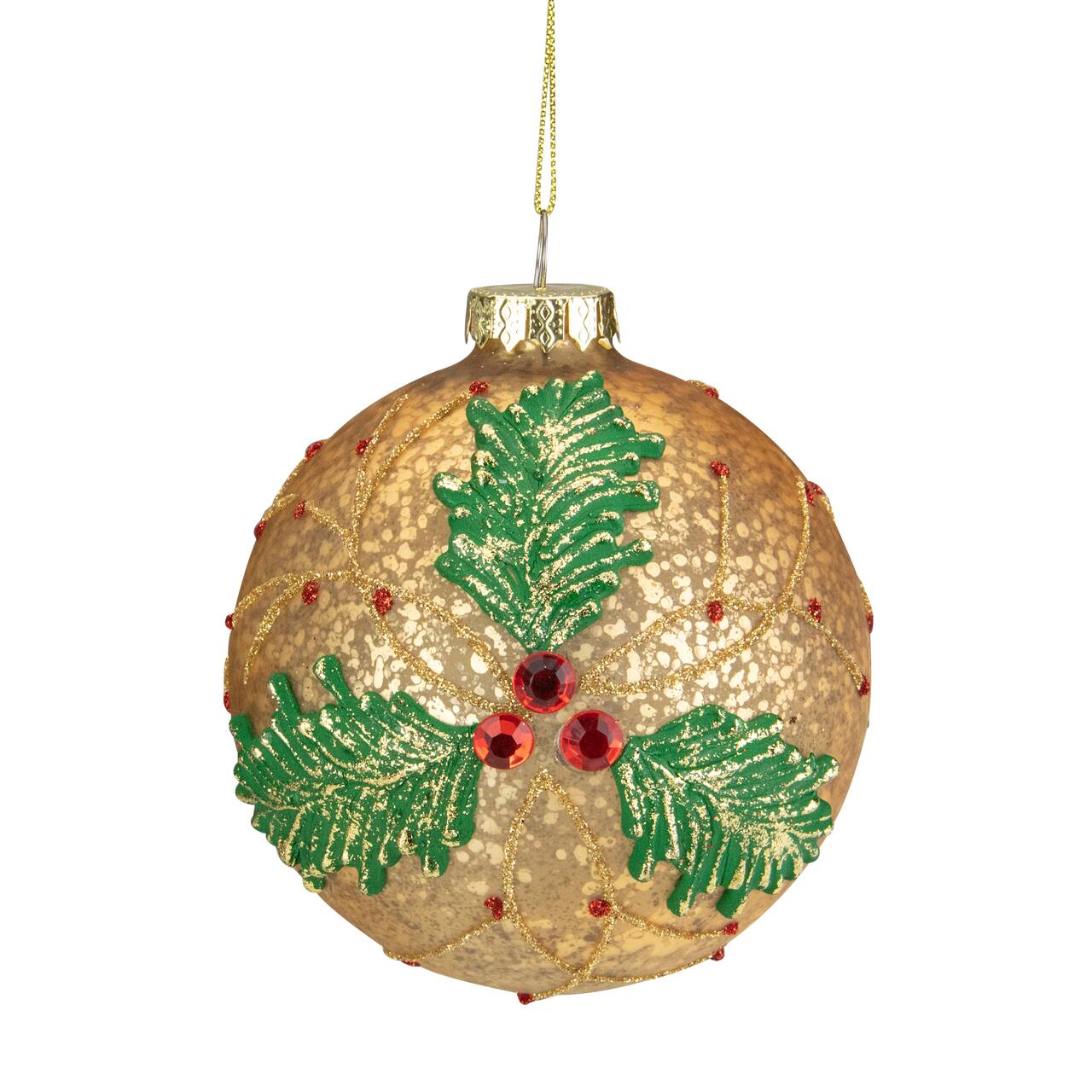 4" Gold Holly Berry Mercury Glass Ball Christmas Ornament